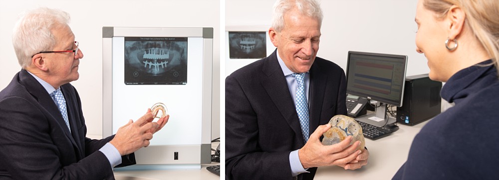 Dental surgeon shows prosthetics to patient