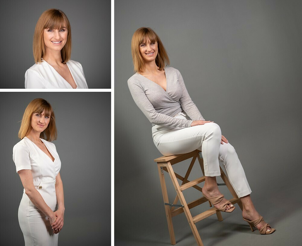 Caucasian woman with curly blonde hair in set of studio professional branding photoshoot