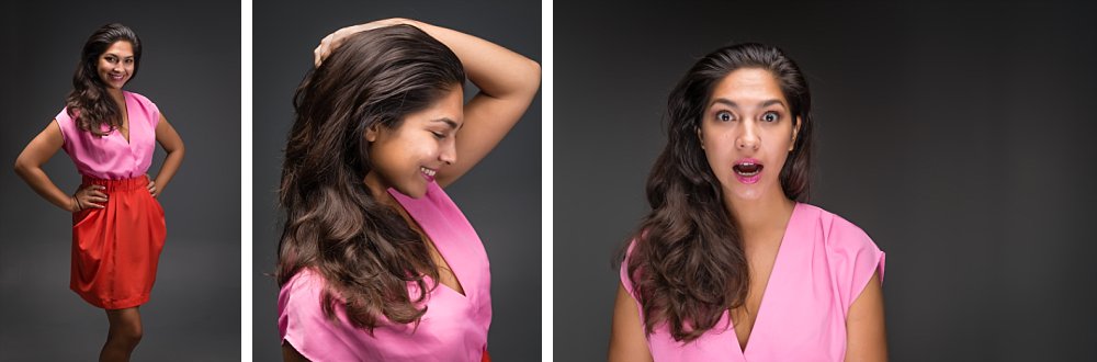 Female actor headshots in pink top and red dress in Sydney studio